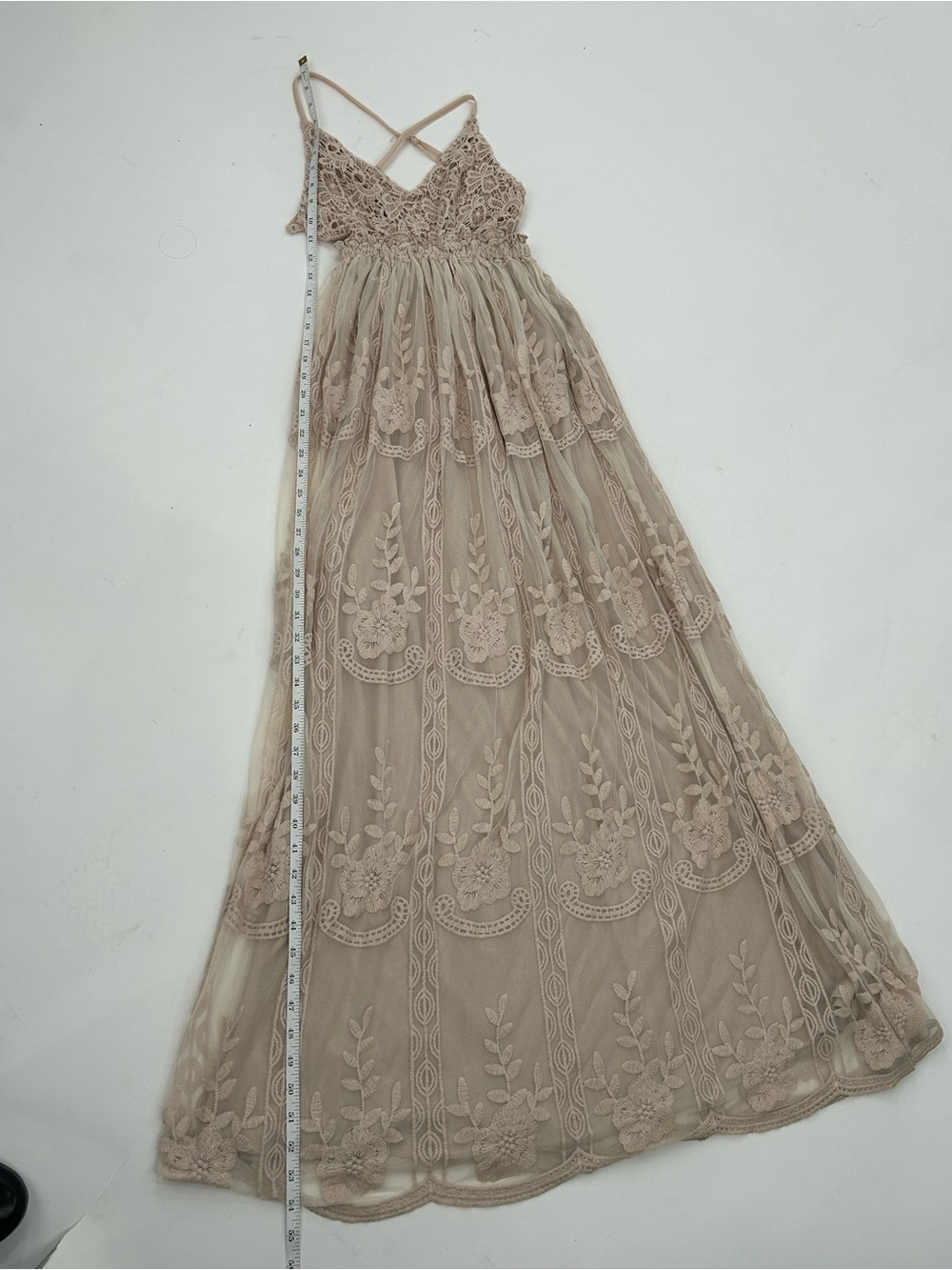 Petal + Pup XS Embroidered Lace Crochet Open Back Boho Maxi Dress Nude - Picture 7 of 12